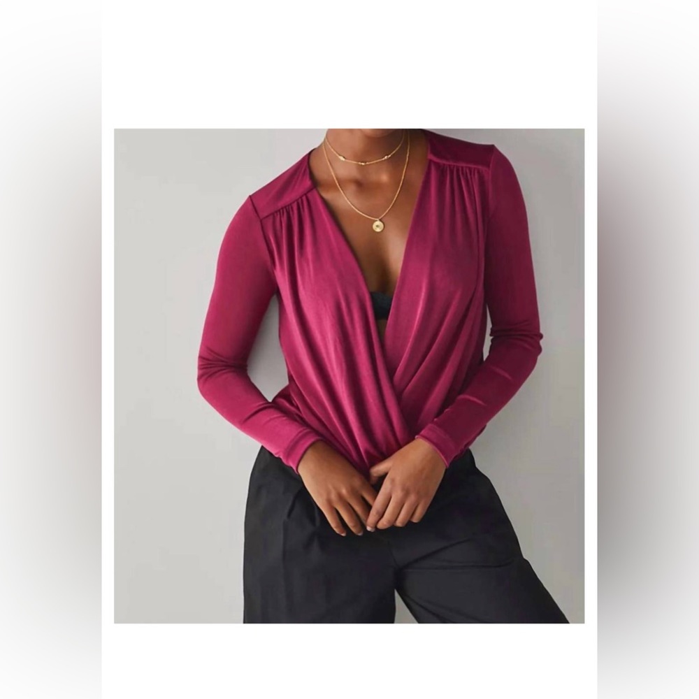Free People Draped Long-Sleeve Bodysuit in Raspberry
